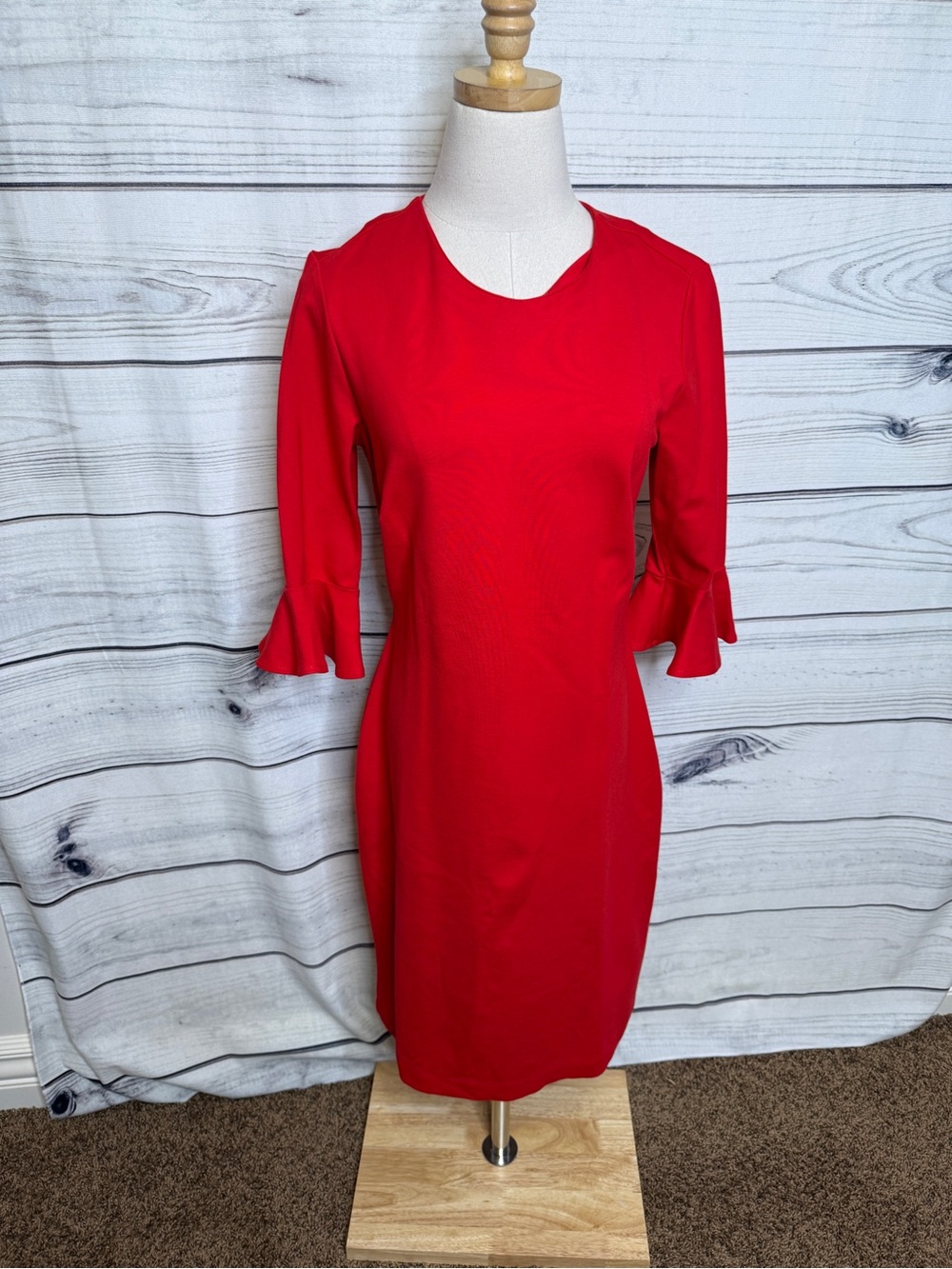 Banana Republic Red Midi Dress with Ruffled Three-Quarter Sleeves
